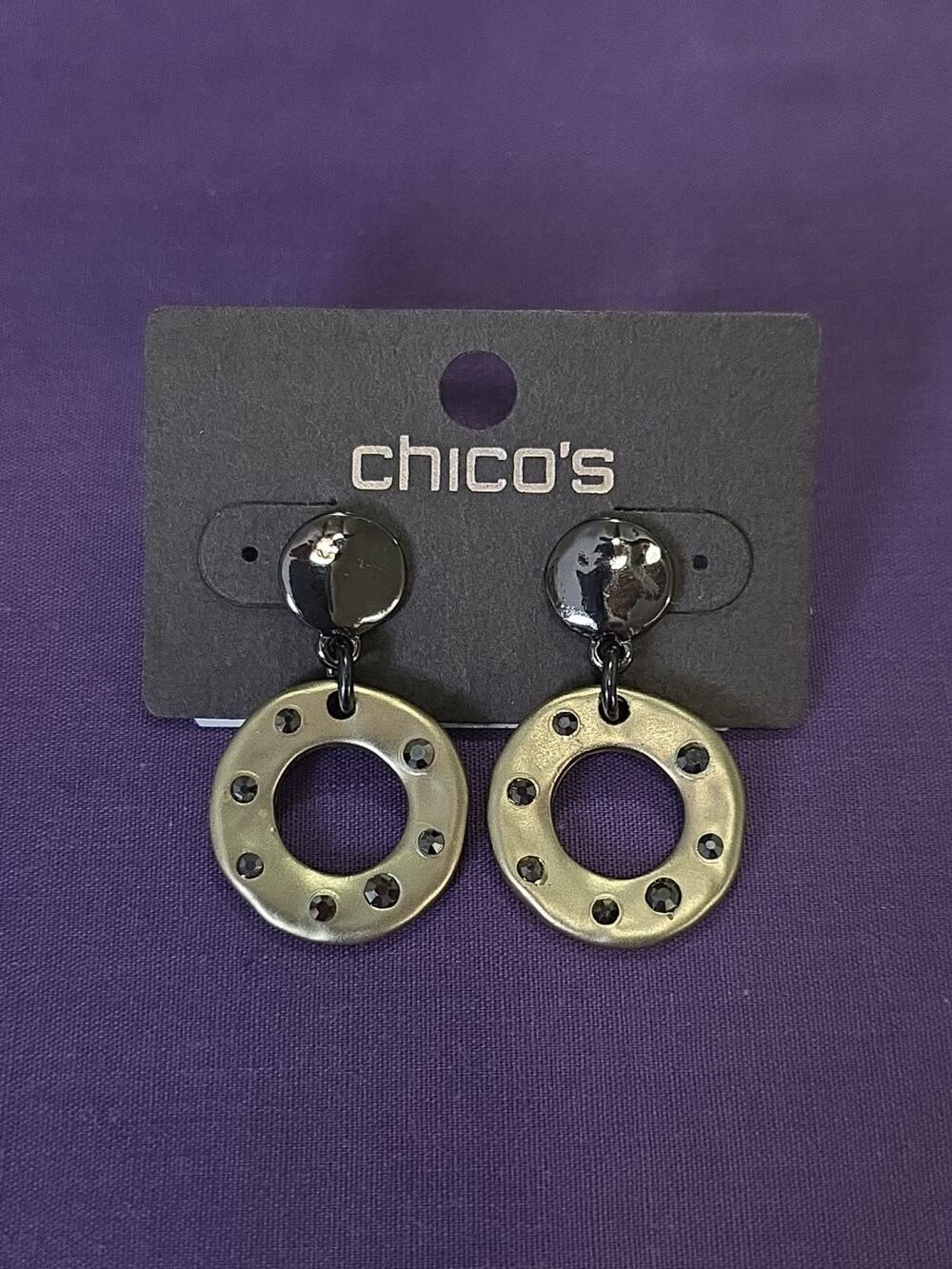 Chico's Dangle Earrings Matte Gold Rings Shiny Black Gunmetal Rhinestone Pierced